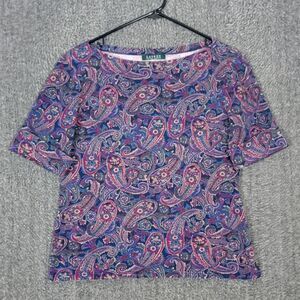 Lauren Ralph Lauren Top Womens PS Multicolor Paisley Floral Short Cuff Sleeve